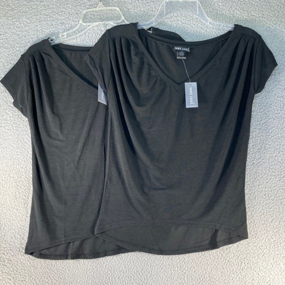 Wet Seal V-Neck Top Womens XS Black Pleated Shoulder High-Low Hem Short Sleeve
